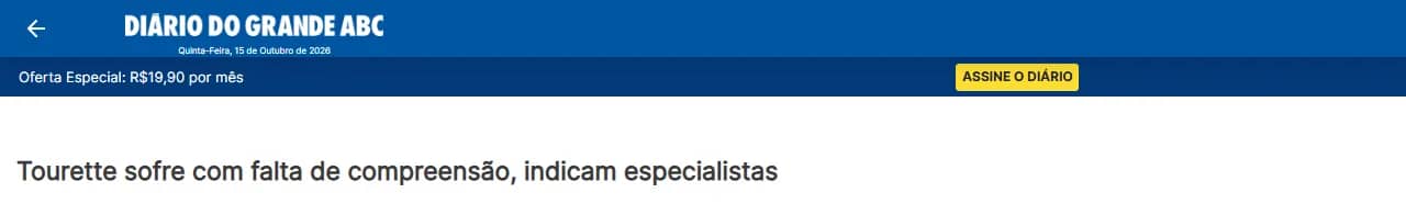 Reprodução da manchete "Tourette sofre com falta de compreensão, indicam especialistas" – Diário do Grande ABC