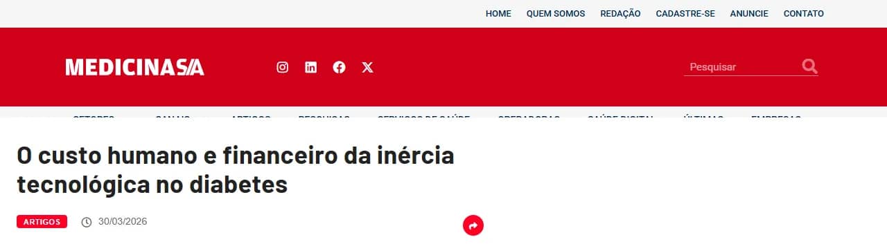 Reprodução da manchete "O custo humano e financeiro da inércia tecnológica no diabetes" – Medicina S/A